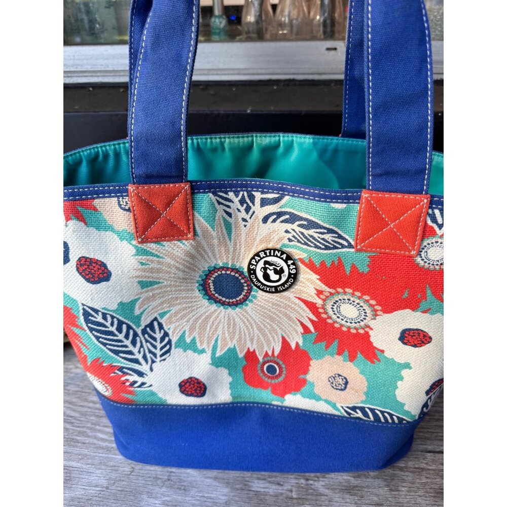 Spartina 449 Daufuskie Island Floral Canvas Tote Bag Blue Bottom Turquoise - Picture 1 of 5